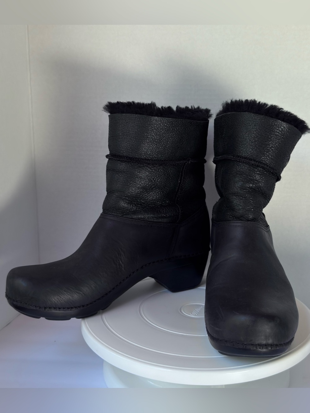 Dansko Black Leather Shearling-Trim Short Boots
